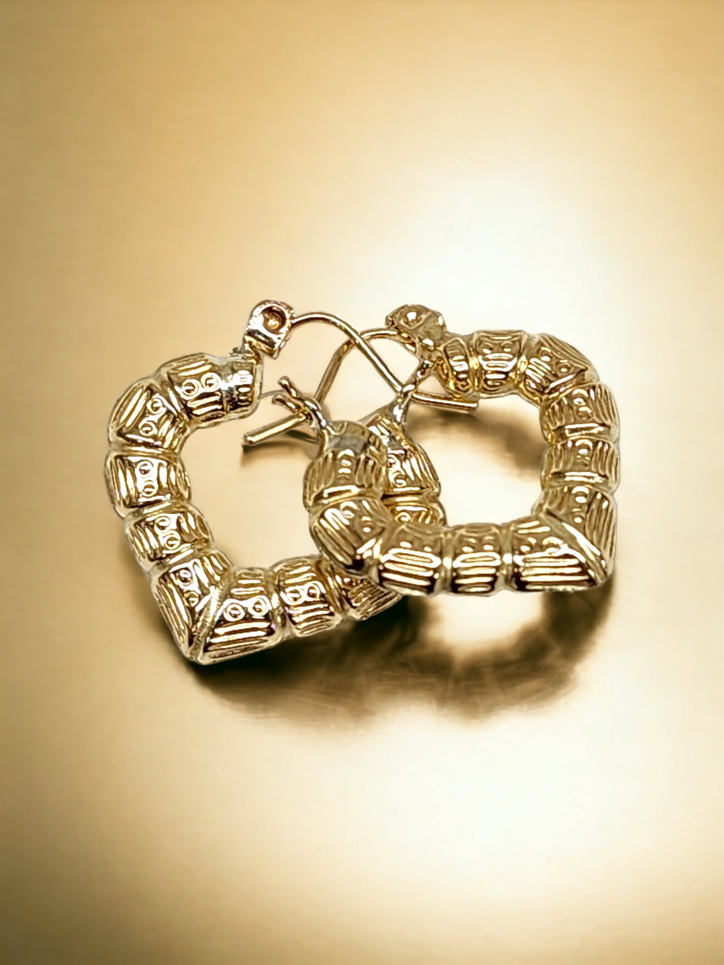 10Kt Gold Door Knocker Heart Bamboo Hoop Earrings