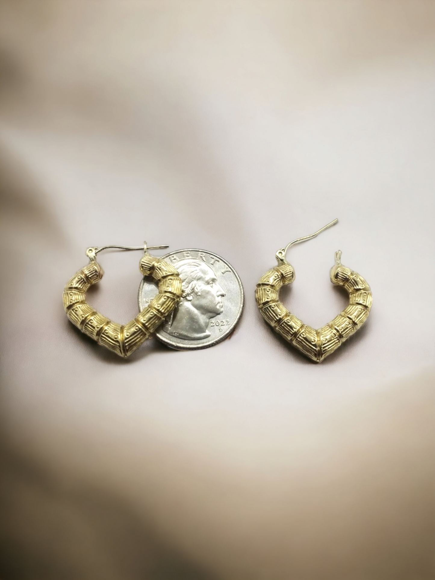 10Kt Gold Door Knocker Heart Bamboo Hoop Earrings