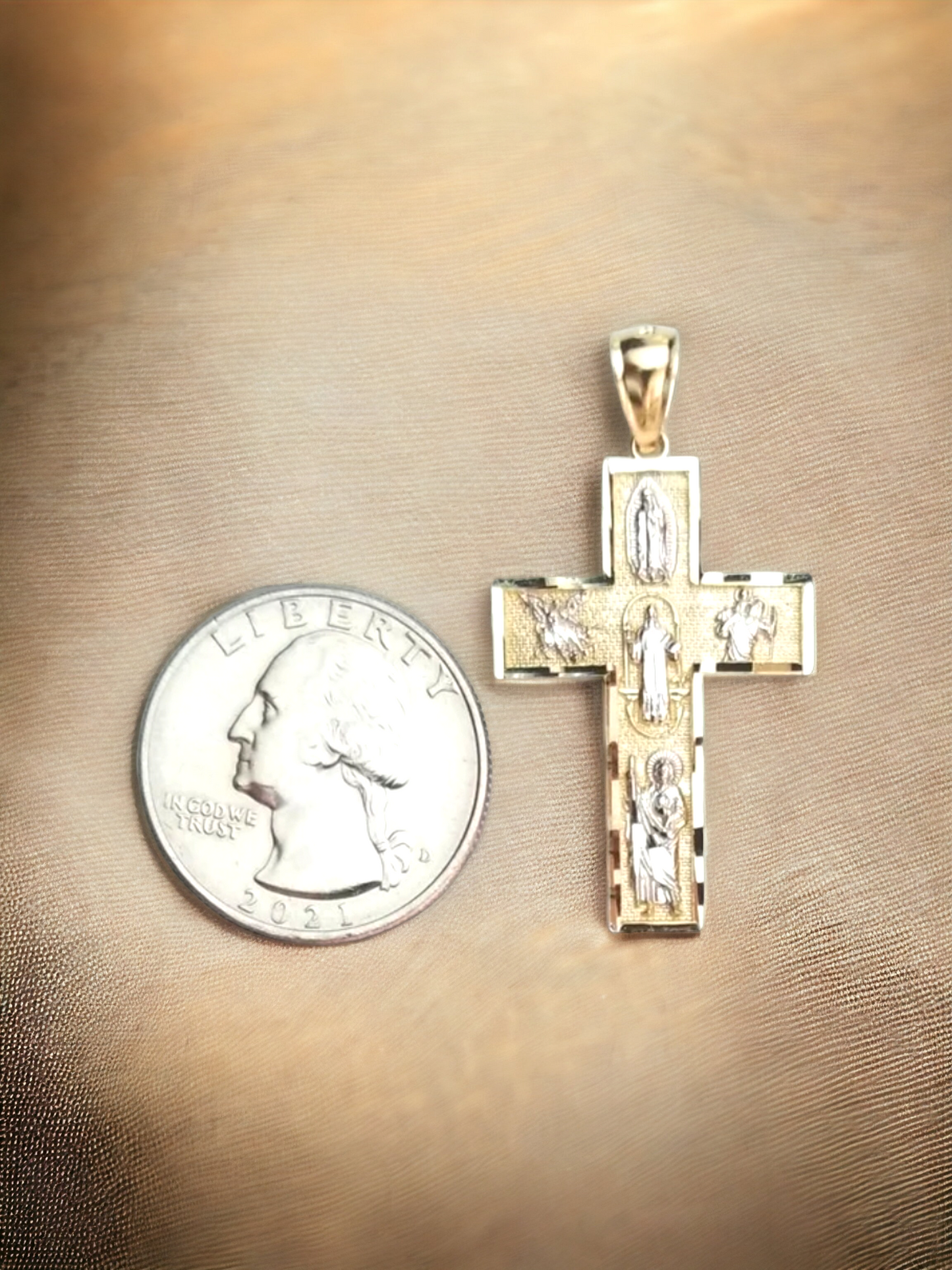10Kt 2 Tone-Yellow-White Real Gold Religion Diamond Cut Cross Pendant