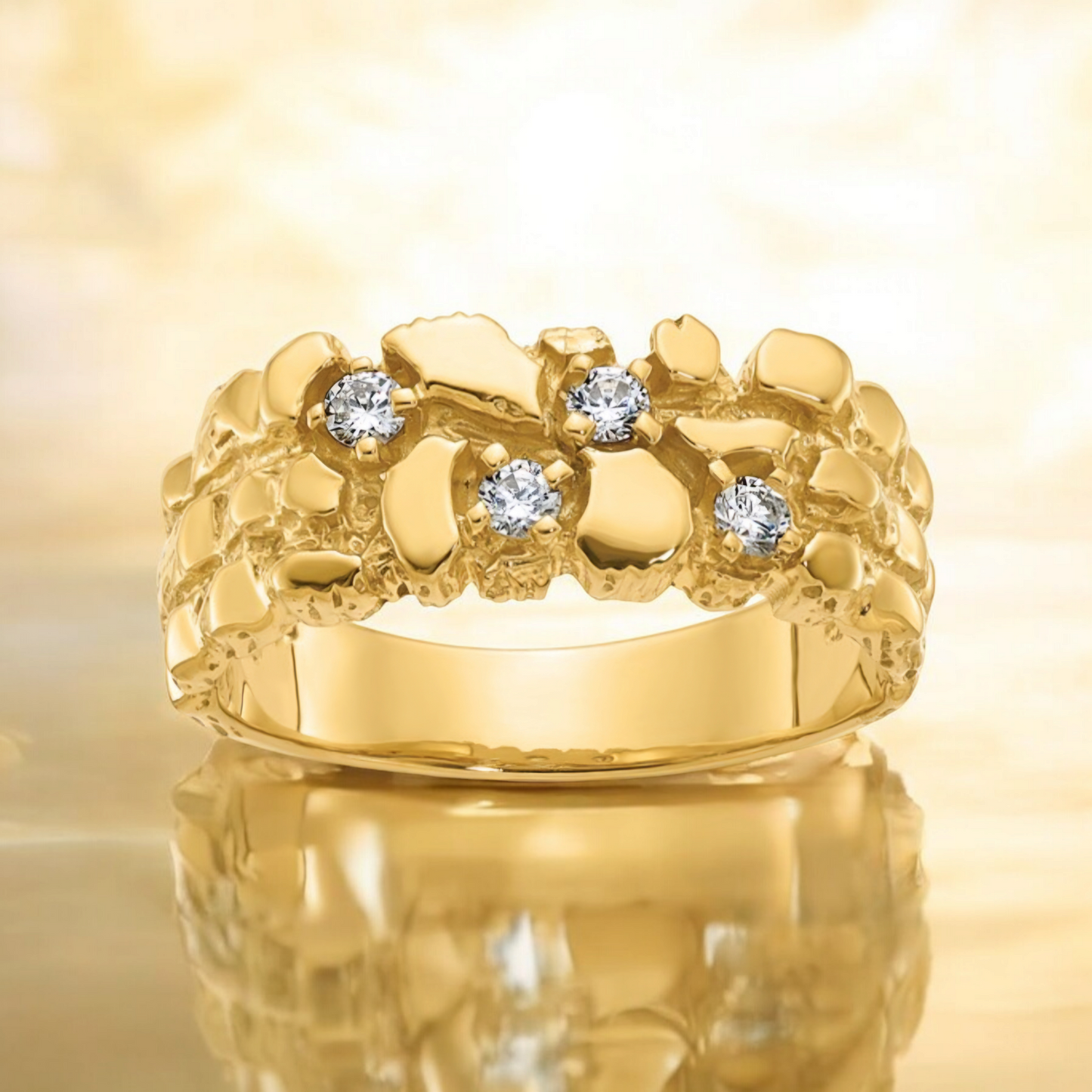 10kt Gold Nugget ring with Moissanite stones