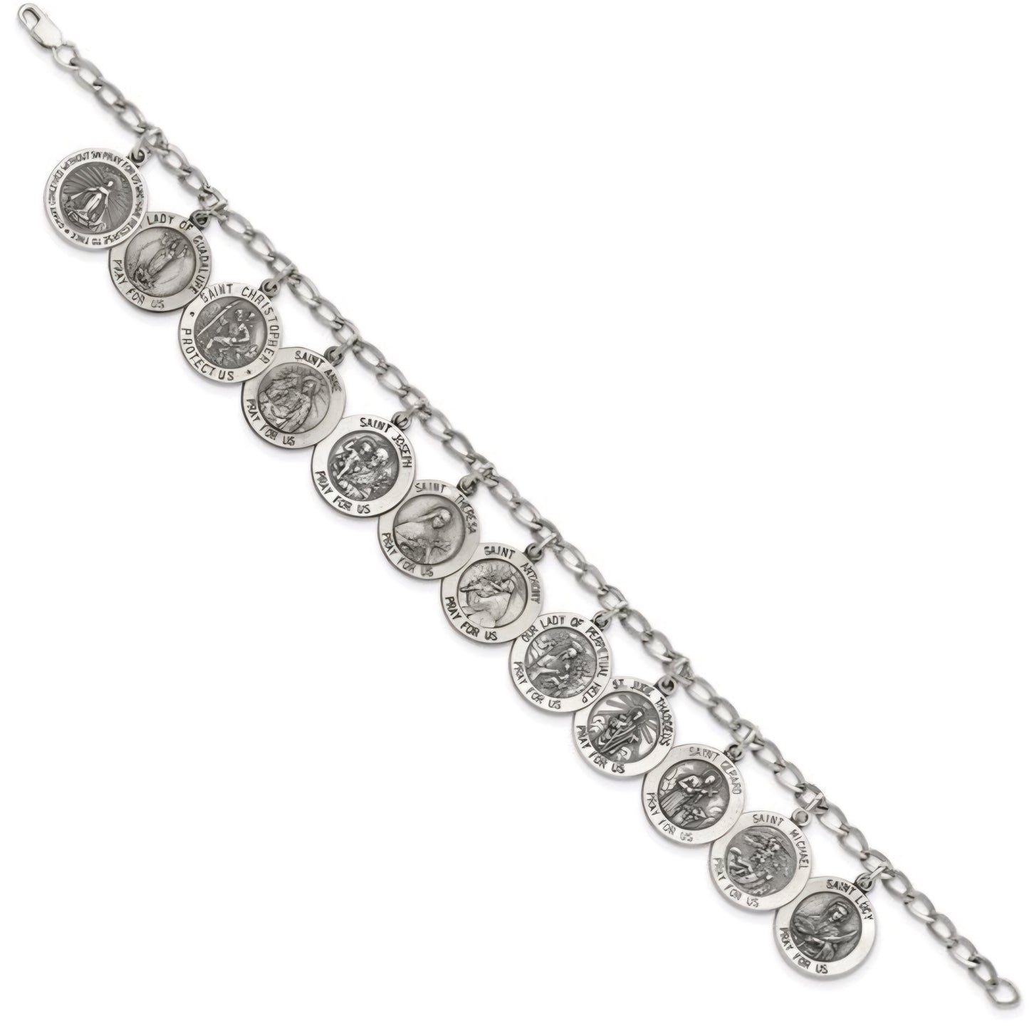 Sterling Silver Antiqued 12 Saints 8in Bracelet