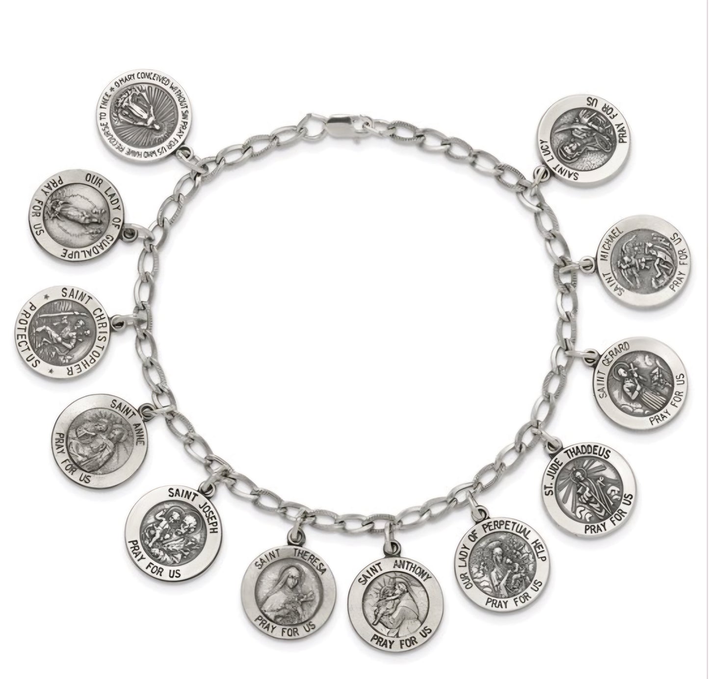 Sterling Silver Antiqued 12 Saints 8in Bracelet