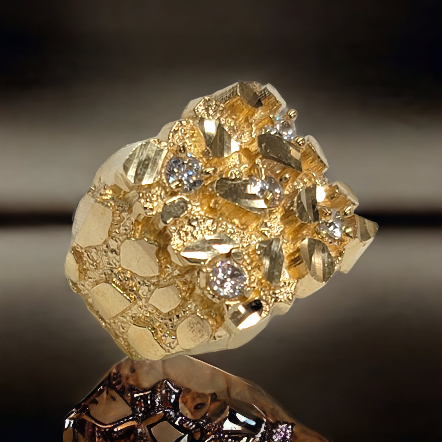 10kt Gold Nugget ring with Moissanite stones