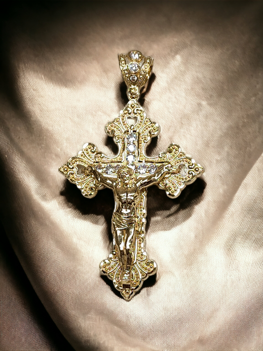 10Kt Gold Diamond Cut Crucifix pendant with Cubic zirconia stones