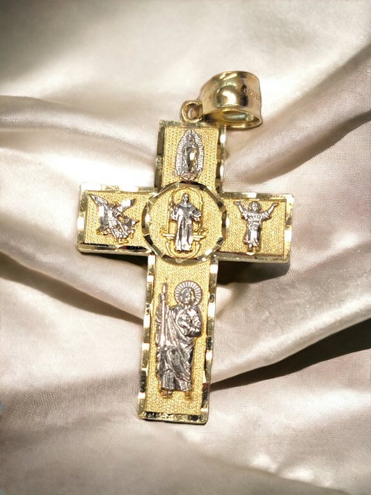 10Kt 2 Tone-Yellow-White Real Gold Religion Diamond Cut Cross Pendant
