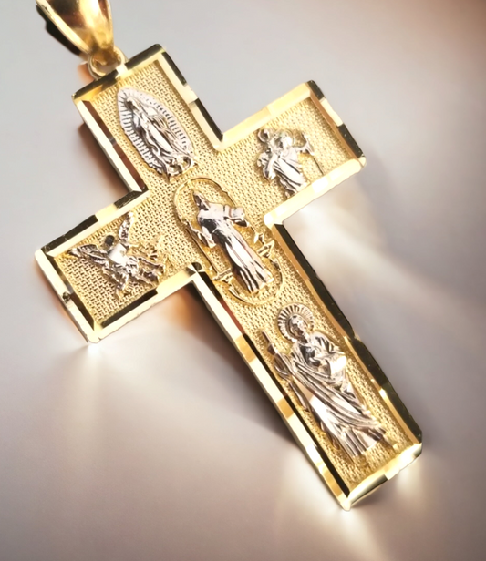 10Kt 2 Tone-Yellow-White Real Gold Religion Diamond Cut Cross Pendant