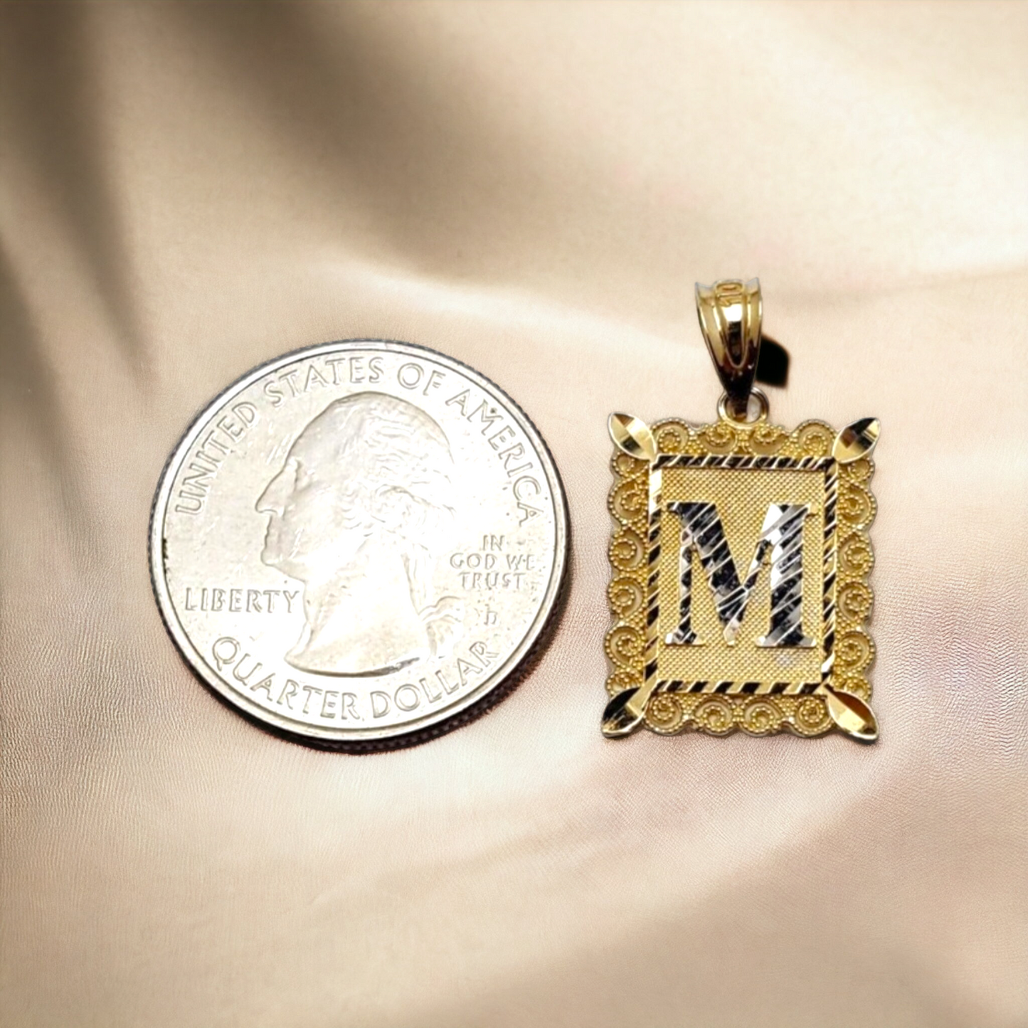 10Kt Two-tone Gold Initial Letters Diamond-cut Filigree Rectangular Pendant.