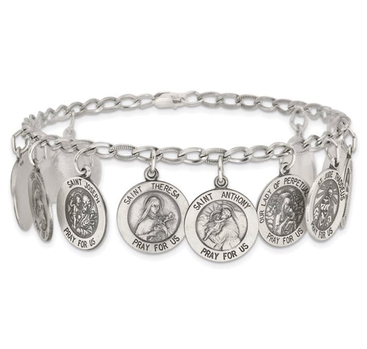 Sterling Silver Antiqued 12 Saints 8in Bracelet